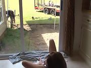 Wild housewife jerks while watching gardener working
